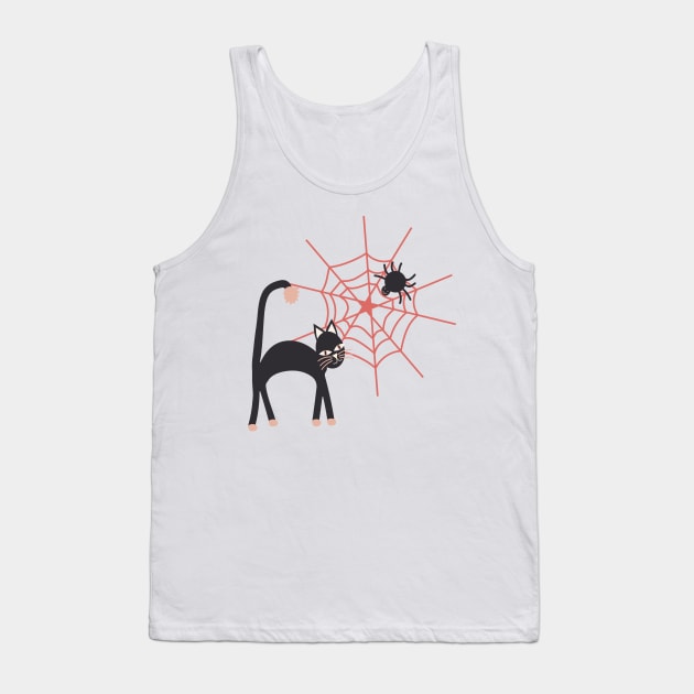 Spookily cute cats, spiders and cobwebs for Halloween in watermelon pink and darkest charcoal Tank Top by FrancesPoff